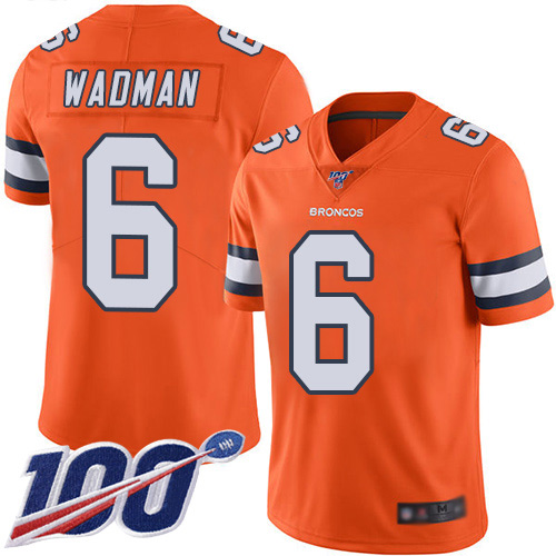 Men Denver Broncos 6 Colby Wadman Limited Orange Rush Vapor Untouchable 100th Season Football NFL Jersey